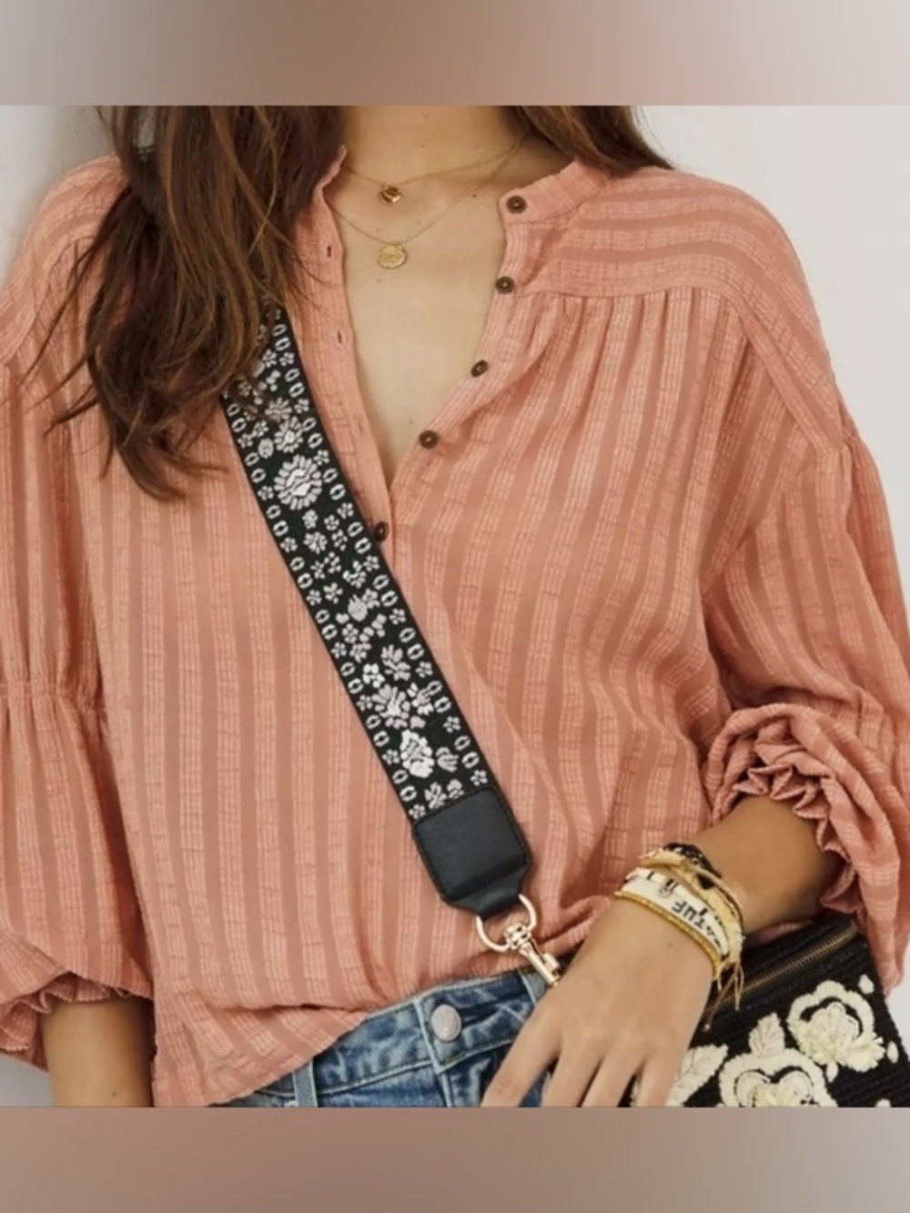Anthropologie Romy Textured Peasant Henley Blouse Pink Medium